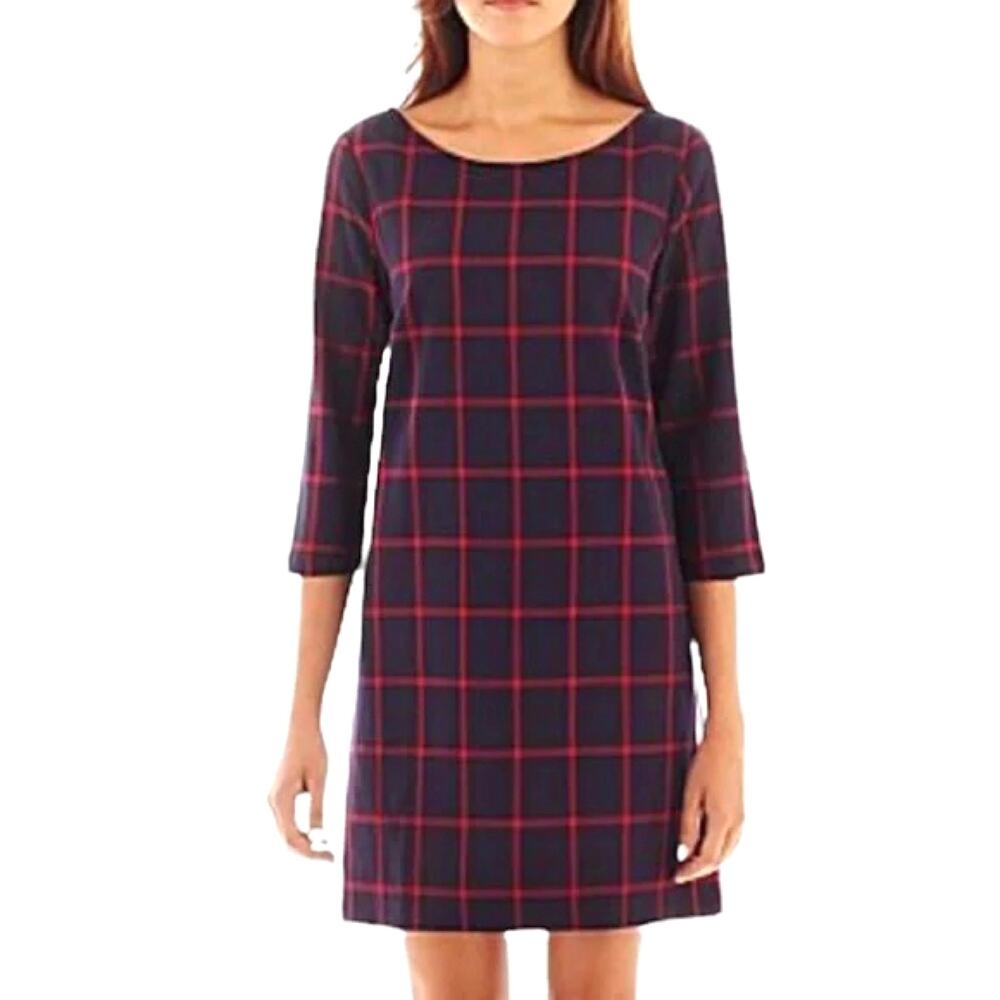 MNG By Mango Womens Size XXS Navy Red Check 3/4 Sleeve Shift Mini Dress NWT
